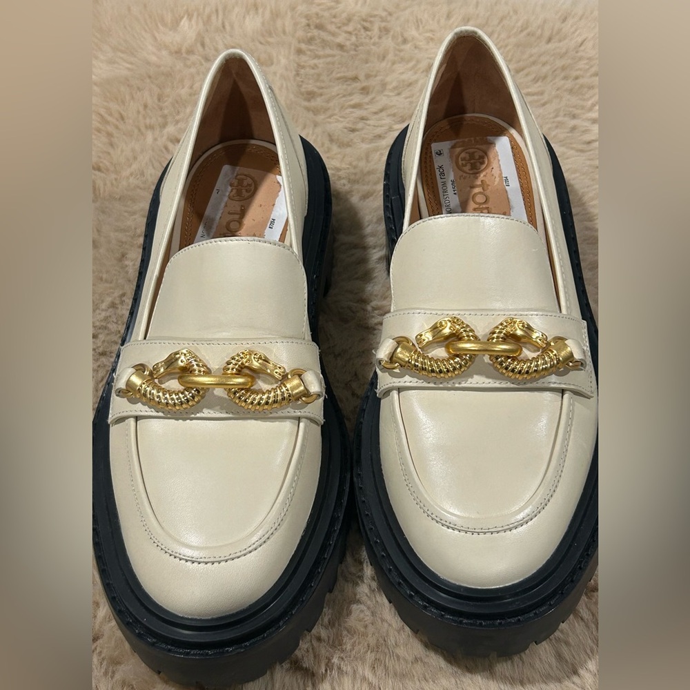 Tory Burch Cream Loafers with Gold Chain Detail